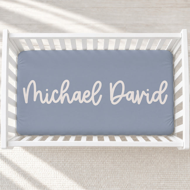 Dusty Blue Playful Script Personalized Name Crib Sheet