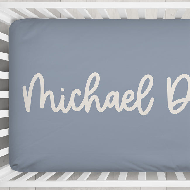 Dusty Blue Playful Script Personalized Name Crib Sheet
