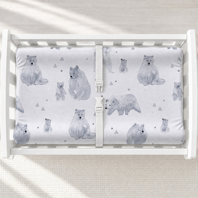 Monochrome Watercolor Polar Bear Personalized Changing Pad Cover, featuring sweet polar bears and baby’s name for a cozy, neutral nursery.