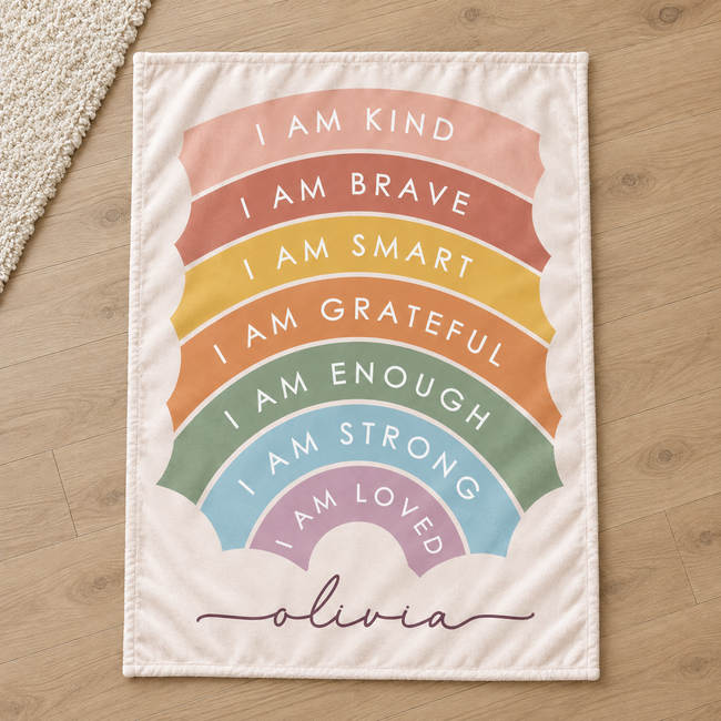 Personalized Olivia blanket lying on a wood floor, featuring a pastel rainbow with seven positive affirmations and a mauve script name on cream.