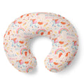 Personalized U-shaped nursing pillow with a whimsical unicorn and rainbow print on a cream background, featuring the custom name 'ELIZA Grace' in blue and pink script.