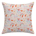 A square throw pillow featuring a colorful repeating pattern of unicorns, rainbows, stars, hearts, and the personalized text 'ELIZA Grace' on a light cream background.