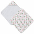 A baby hooded towel set shown on a white background, featuring one solid white towel and one white towel with a pink rose and green leaf floral pattern.