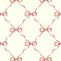 A repeating pattern of dusty pink satin ribbon bows connected by thin ribbon lines on a warm off-white background.