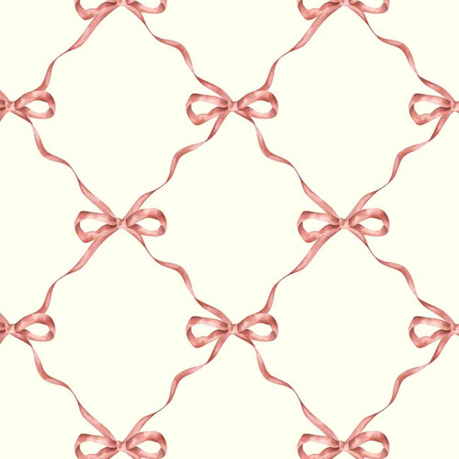 A repeating pattern of dusty pink satin ribbon bows connected by thin ribbon lines on a warm off-white background.