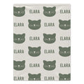 Personalized Sage Cat Baby Blanket. Sage green cat silhouettes surround a custom name in a simple, modern design on a light background.