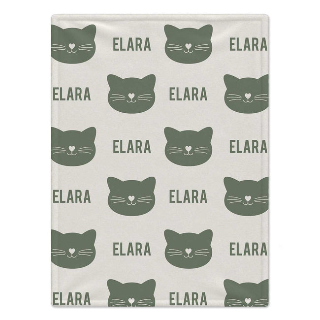 Personalized Sage Cat Baby Blanket. Sage green cat silhouettes surround a custom name in a simple, modern design on a light background.