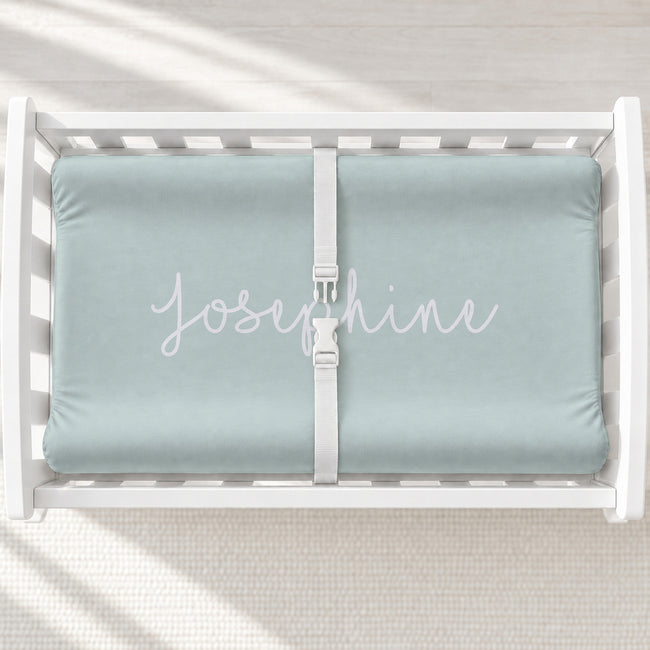 Script Name Personalized Changing Pad Cover featuring your baby’s name in a beautiful handwritten font for a simple, timeless nursery look.