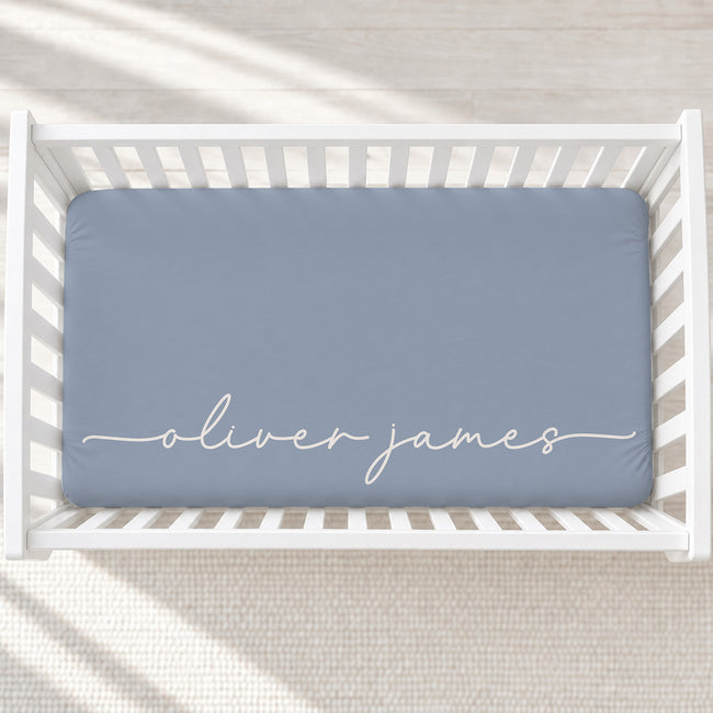 Dusty Blue Signature Script Personalized Name Crib Sheet