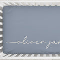 Dusty Blue Signature Script Personalized Name Crib Sheet
