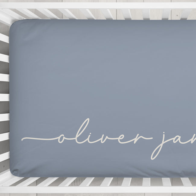 Dusty Blue Signature Script Personalized Name Crib Sheet