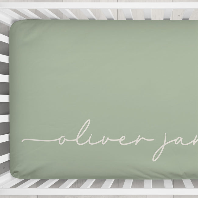 Dusty Sage Signature Script Personalized Name Crib Sheet 