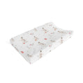 A contoured baby changing pad cover with a white background and a repeating pattern of snowmen in brown and red, shown on a clean white background.