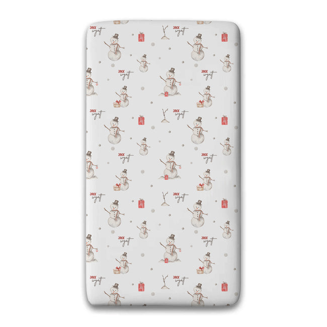 Personalized snowman twin fitted sheet with watercolor snowmen and Christmas gifts