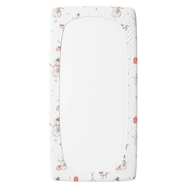 Personalized snowman twin fitted sheet with watercolor snowmen and Christmas gifts