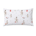 A rectangular white pillow sham featuring a festive Christmas pattern with watercolor snowmen, small red gift boxes, and the text 'jack wyatt' in black script.