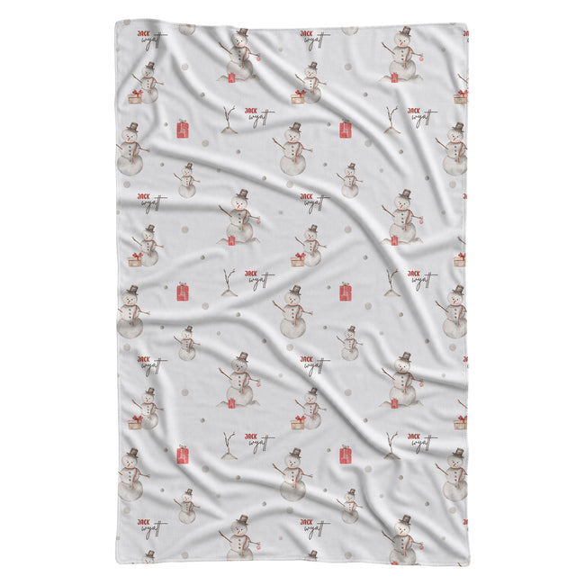 Personalized snowman Christmas swaddle blanket with watercolor snowmen, gifts and optional baby name