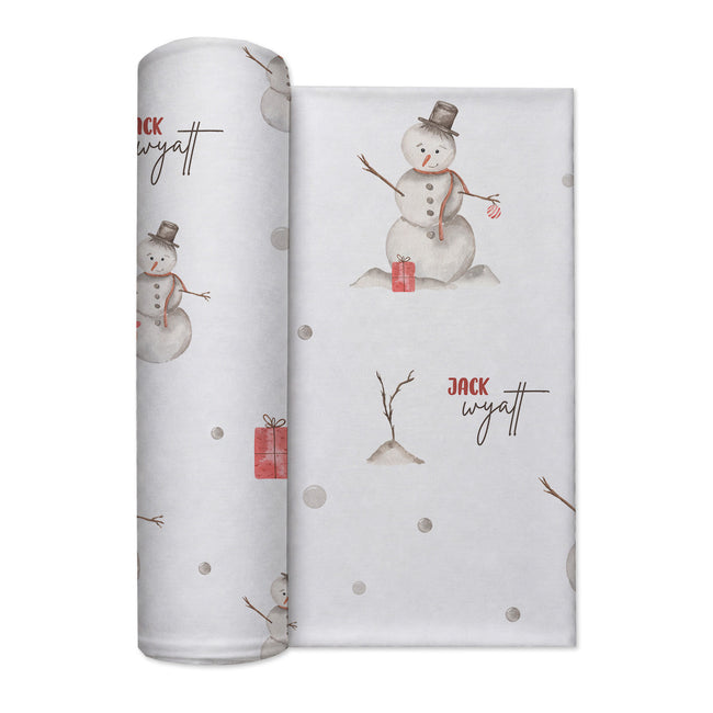 Personalized snowman Christmas swaddle blanket with watercolor snowmen, gifts and optional baby name