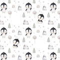 A repeating watercolor-style pattern featuring cute penguins, small trees, mountains, and stars on a white background.