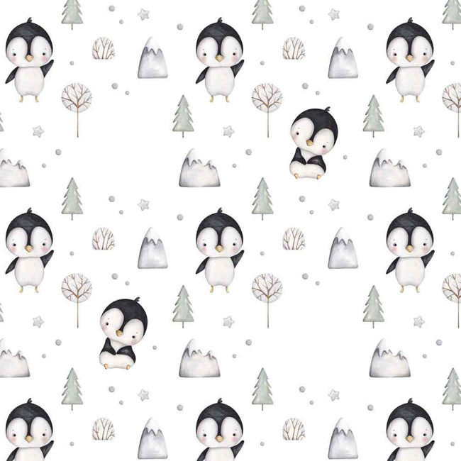 A repeating watercolor-style pattern featuring cute penguins, small trees, mountains, and stars on a white background.