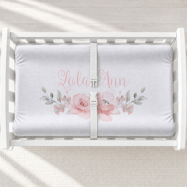 Soft Watercolor Flowers Personalized Changing Pad Cover, featuring delicate watercolor blooms and baby’s name for a sweet, timeless nursery.