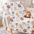 Personalized Space Animal Baby Blanket. Astronaut bears, foxes, and lions float among rockets and planets around a custom name.