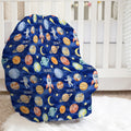 Space Explorers baby car seat cover personalized with Scout, featuring watercolor planets, rockets, and astronauts on navy in a bright nursery.