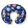 Top view of the Space Explorers personalized nursing pillow cover with Scout lettering, watercolor rockets, planets, and golden crescent moons.