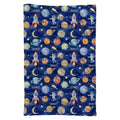 Full view of the Space Explorers swaddle blanket personalized with Scout, featuring watercolor planets, astronauts, moons, and stars.