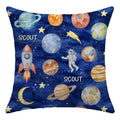 Space Explorers throw pillow personalized with Scout, featuring watercolor planets, a rocket, an astronaut, and golden stars on navy.