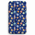 Space Explorers twin sheet personalized with Scout, featuring watercolor planets, rockets, astronauts, and golden moons on a navy starry background.