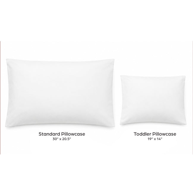 Two white pillowcases shown on a light gray background: a larger Standard Pillowcase labeled 30" x 20.5" and a smaller Toddler Pillowcase labeled 19" x 14".