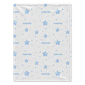 A personalized baby blanket featuring a light blue star and polka dot pattern on a white background, with the name 'SEBASTIAN' repeated in blue text.