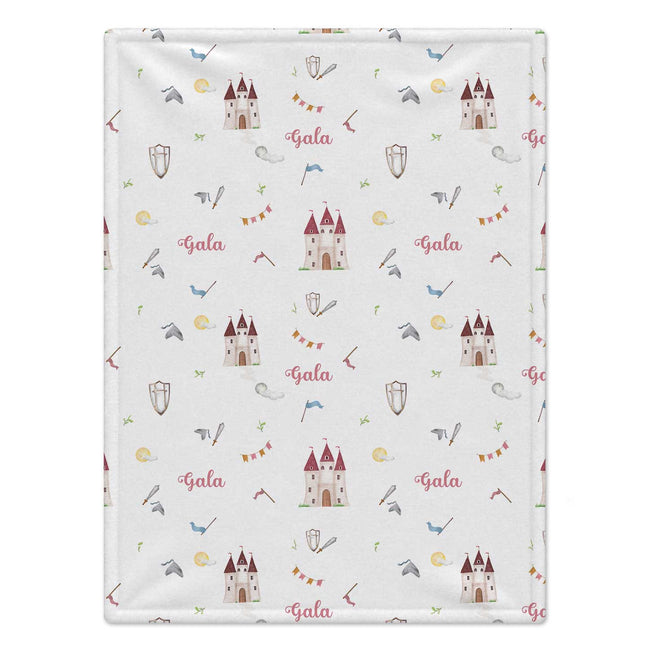 Personalized Castle Baby Girl Blanket. Whimsical castles and delicate fairytale details surround a custom name in a soft pink palette.