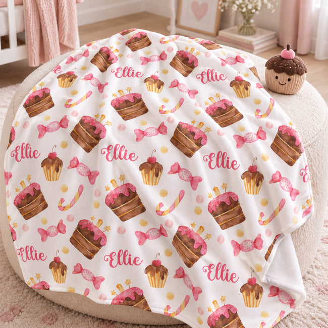 Personalized Birthday Baby Girl Blanket. Colorful cakes, cupcakes, and cheerful celebration details surround a custom name in a playful birthday design.
