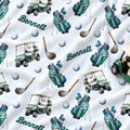 Personalized golf-themed fabric print featuring green and teal golf carts, golf bags, golf clubs, golf balls, and the name 'Bennett' in green script on a white background.