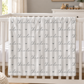 A white crib bedding set with vertical stripes and the name 'theodore' printed repeatedly in gray script, styled in a bright nursery setting.