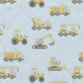 A repeating pattern of yellow construction vehicles, including dump trucks, a cement mixer, an excavator, a tractor, a crane, and a bulldozer, on a light blue textured background.