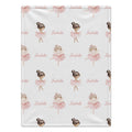 A personalized baby blanket featuring a repeating pattern of ballerina illustrations and the name 'Isabella' in pink script on a white background.
