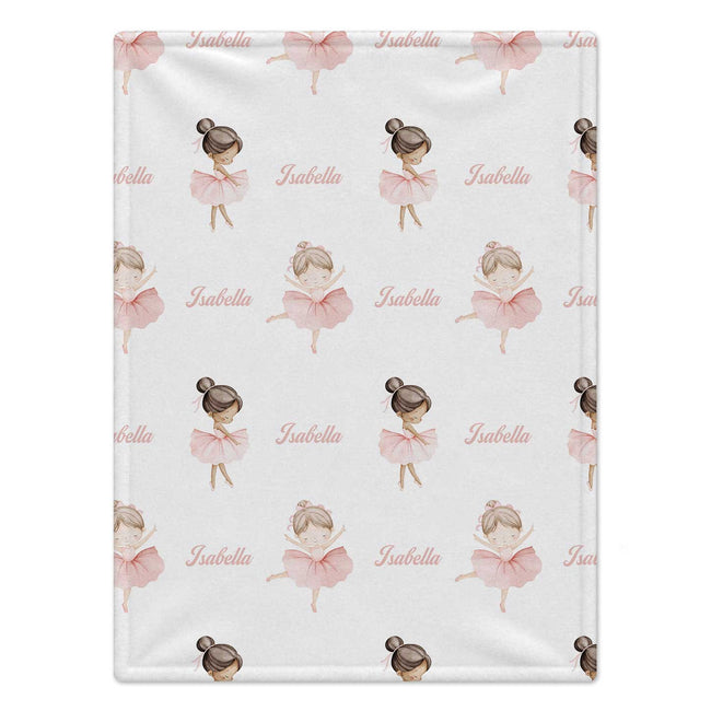 A personalized baby blanket featuring a repeating pattern of ballerina illustrations and the name 'Isabella' in pink script on a white background.