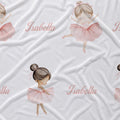 White fabric with a repeating pattern of watercolor ballerina girls in pink tutus and the name 'Isabella' in dusty pink script.