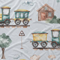 Watercolor-style children's bedding or fabric print featuring two vintage toy trains, a small house, trees, clouds, and road signs on a light gray background.