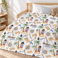 A personalized blanket featuring a pirate-themed pattern of palm trees, treasure maps, ship's wheels, swords, and characters in red and blue outfits. The duvet cover is personalized with the name 'Archer JAMES' in brown text.