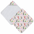A baby hooded towel shown flat on a white background, with one half folded over to reveal a white plush lining and the other half showing a pale pink printed exterior with toucan and tropical leaf motifs and the name 'Mae'.