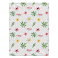 Personalized Tropical Flower Baby Blanket. Watercolor tropical flowers in pink and yellow mingle with green leaves around a custom name.