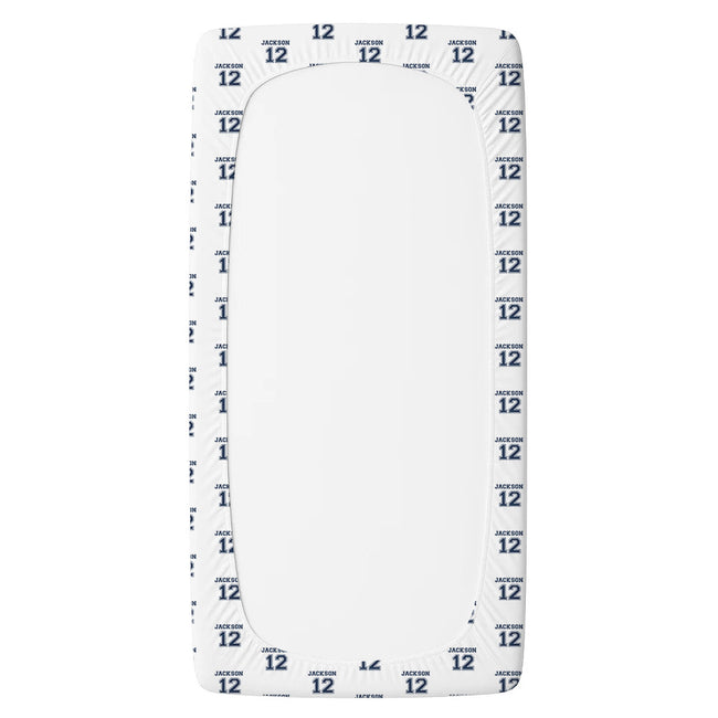 A white fitted sheet with a large displaying the back.
