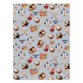 A personalized blanket with a repeating baseball-themed print on a light gray background. The pattern includes baseball bats, baseballs, baseball uniforms, helmets, a glove, a popcorn bucket, and the name 'CONNOR 12' repeated.