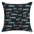 Personalized vintage race cars throw pillow featuring detailed watercolor vintage cars in red, blue, green and silver.