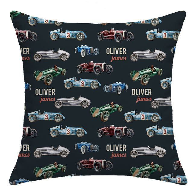 Personalized vintage race cars throw pillow featuring detailed watercolor vintage cars in red, blue, green and silver.