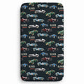 personalized vintage race cars twin sheet featuring watercolor vintage race cars in red, blue, green and silver.